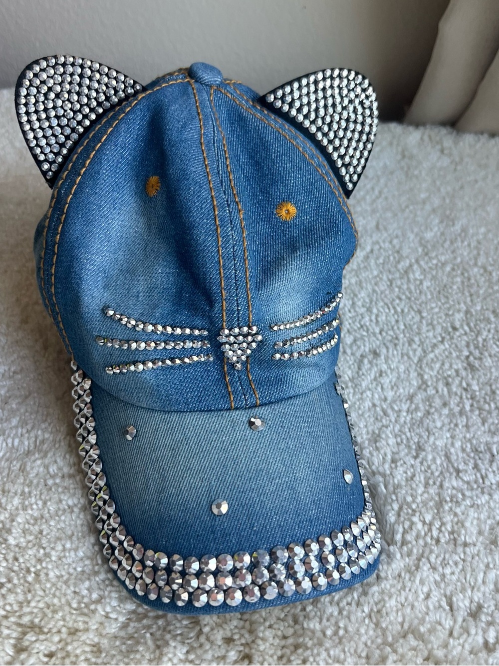 Denim Cat Ear Cap with Rhinestone Accents - Blue 100% cotton